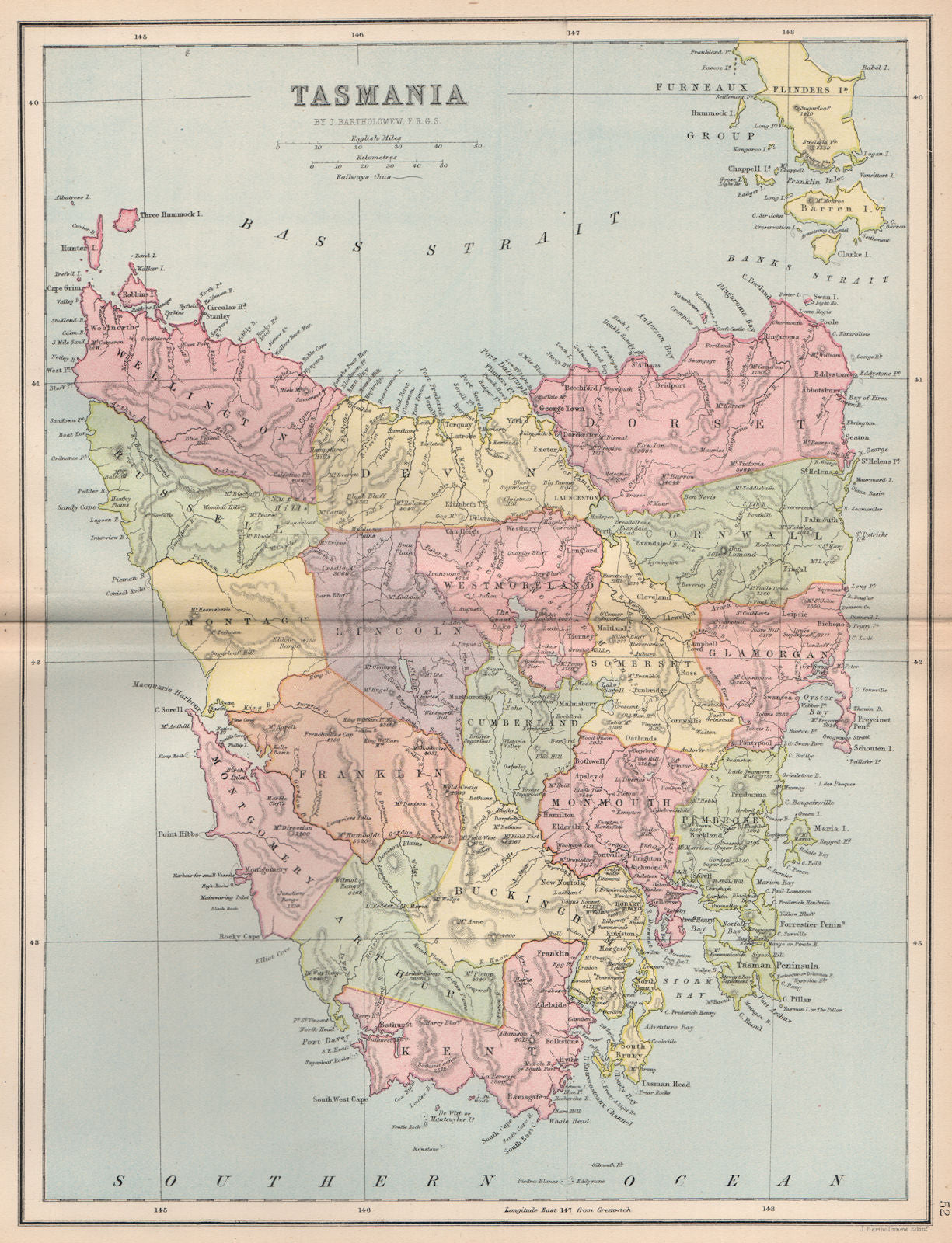 TASMANIA. State map showing counties & railways. Australia. BARTHOLOMEW 1878
